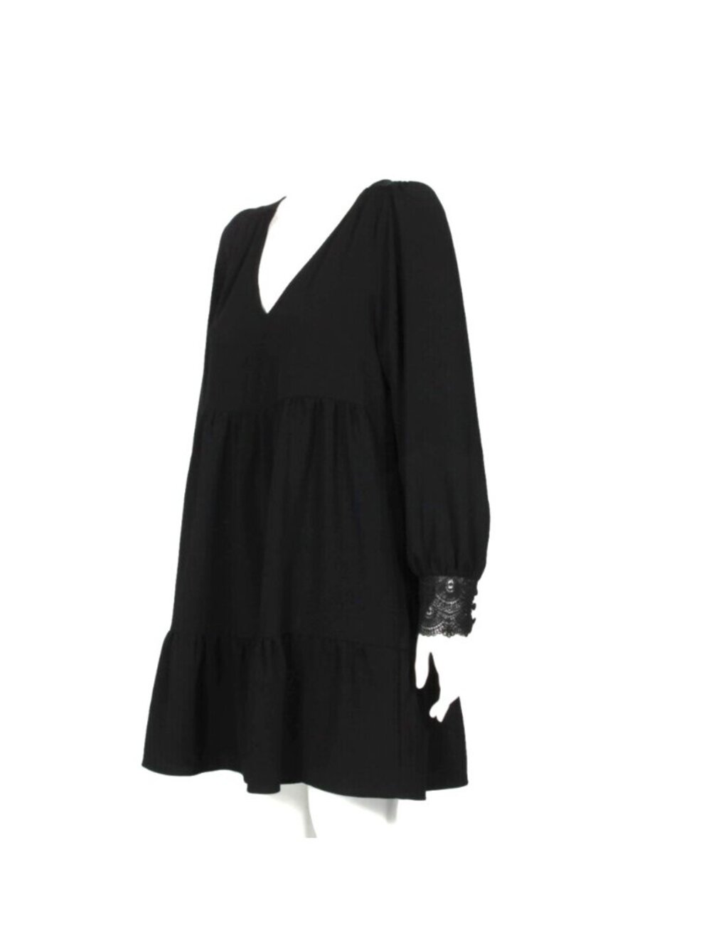 Sezane Black Tiered Babydoll Dress Lace Detailed Sleeve Cuffs sz 36 /898
